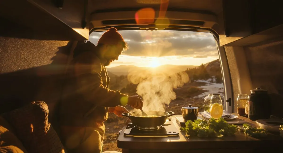 Cooking dinner in a van kitchen at golden hour
