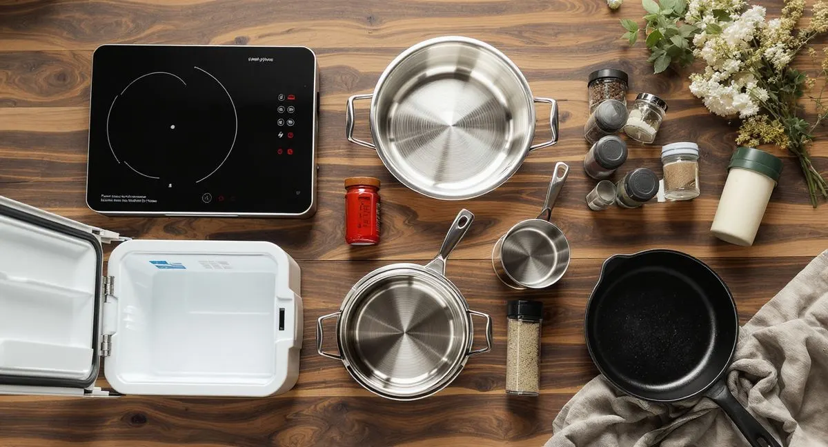 Van life kitchen gear arranged on a wooden surface