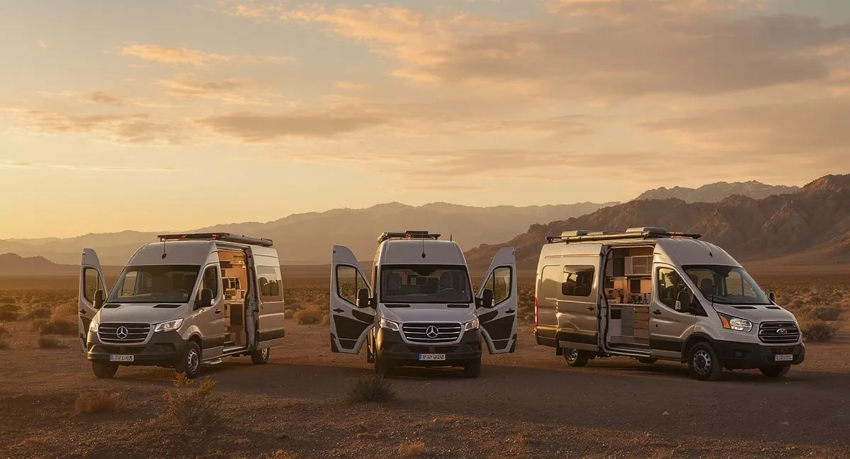 Three camper vans parked at golden hour